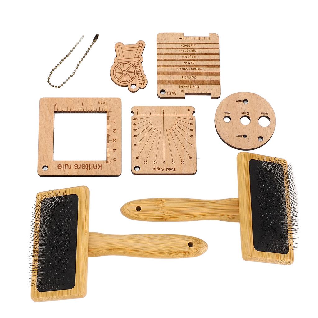 8PCS Set Wooden Knitting Gauge Wool Brush Set Wool Felting Brush and Knitting Measure Tool Kit