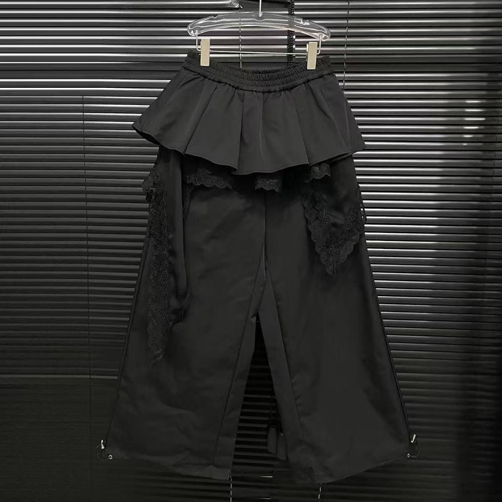 Young Women Lace Tiered Skirt Pants Baggy Wide Leg Trousers Y2k Lace Patchwork Pants  Lady