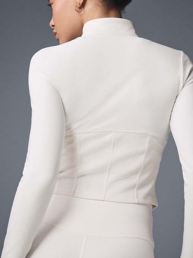 Alo Yoga Damen Taillenraffungsjacke, Kurz- und Langarmoptionen, Eng anliegend, Reißverschluss Stehkragen, Sport Fitness Top.