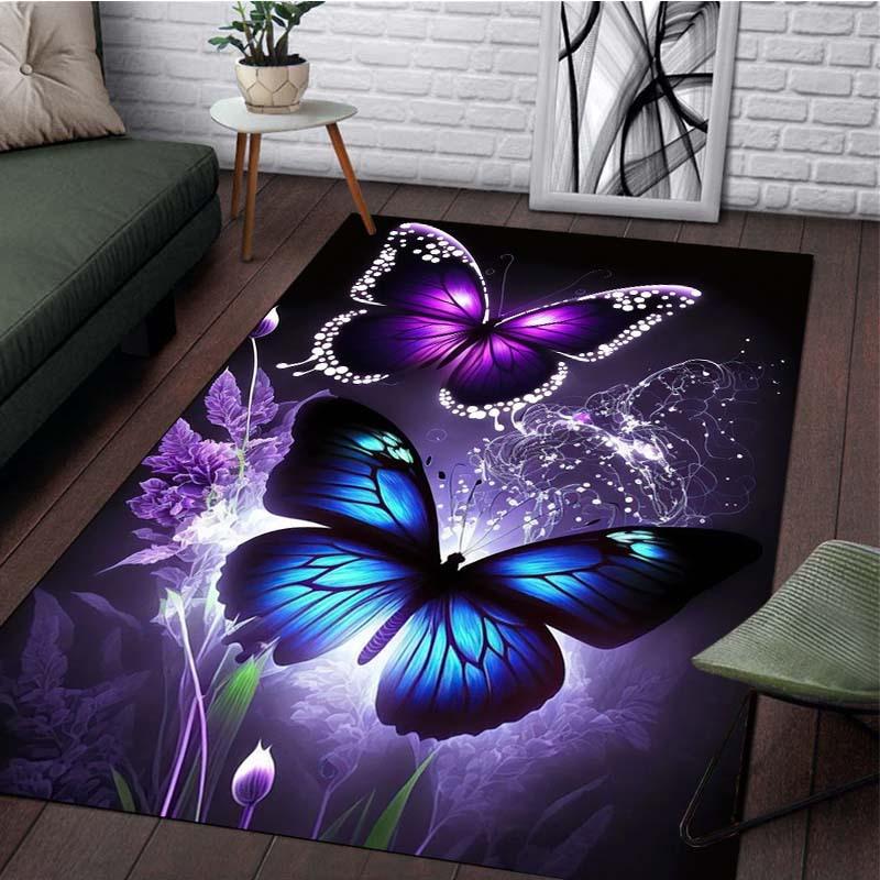 Vibrant Butterfly and Purple Flower Rug for Modern Living Spaces - Unique Floor Decor, 3D Art Carpet, Contemporary Design
