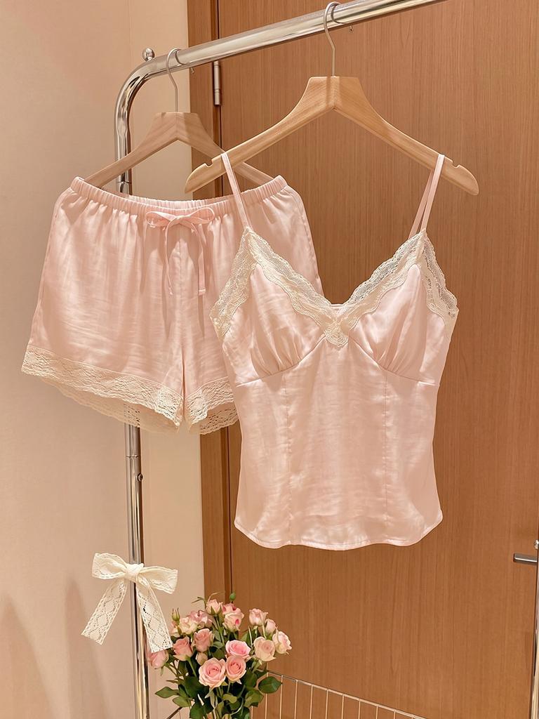 Simple lace lace with chest pad short-sleeved pajamas women's summer comfortable and skin-friendly shorts loungewear set can go out