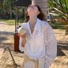 Women's Lemon Green Tea Lace Embroidery Jacquard Shirt - 3D Retro Sun Protection Cardigan for Spring 2026.