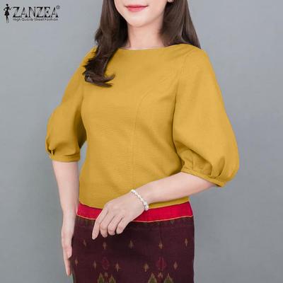 Women Casual Round Neck Solid Color 3/4 Sleeve Blouse