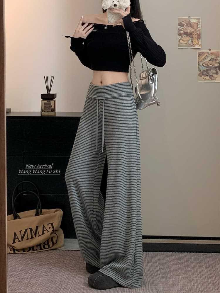 Autumn 2026 Women's Striped Drawstring Casual Pants - Floor-Length, Loose, Slimming Style