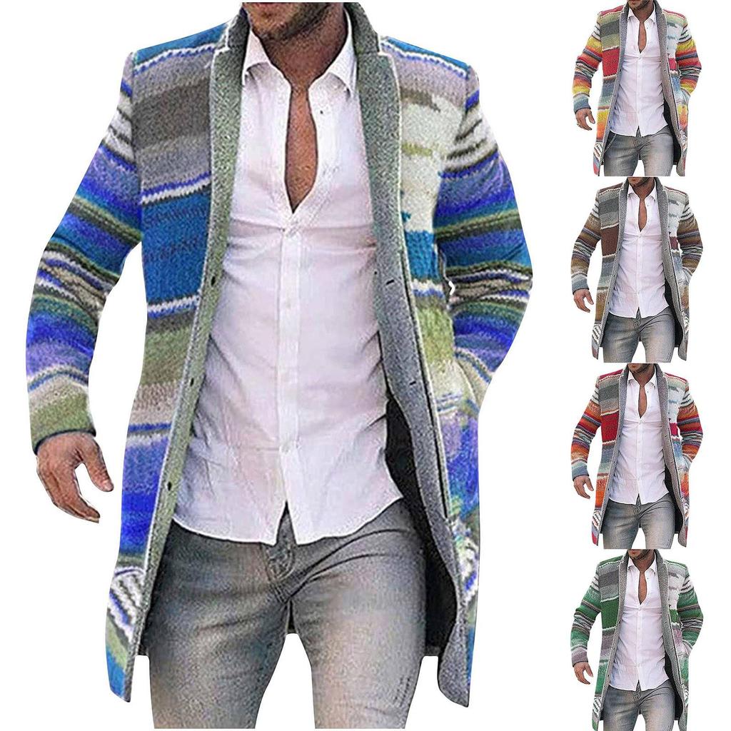 Men's Cardigan Coat Printed Wool Blends Casual Longsleeved Jacket Length Windbreaker Overcoat Trench