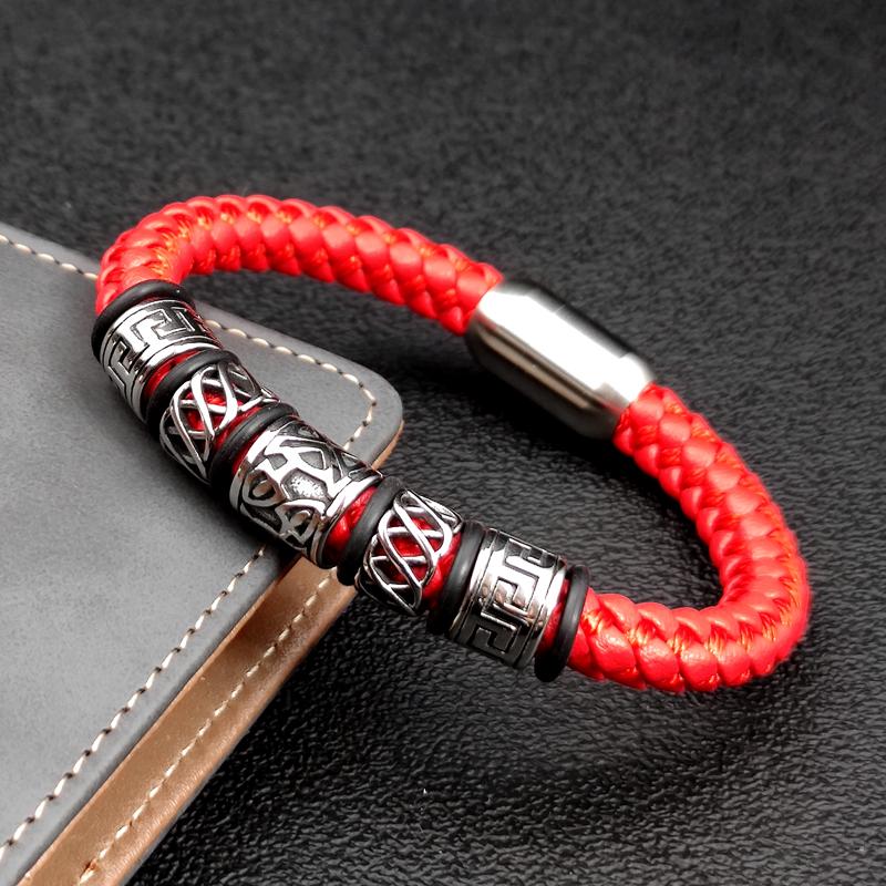 Fashionista Men Red Coffee Black Blue Leather Bracelet 316L Stainless Steel Viking Bead Bracelet Strong Magnet Clasp in 4 Colour