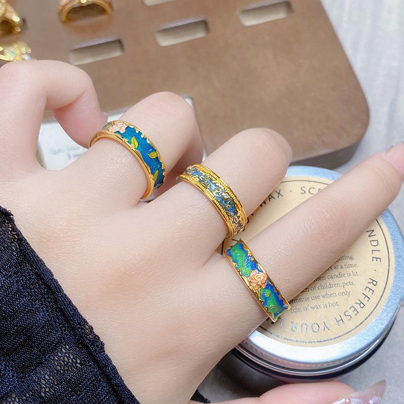 Medieval Vintage Colored Enamel Flower Butterfly Opening Ring Female Retro Niche High-End Light Luxury Ring