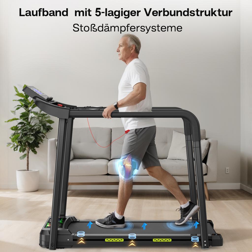 Treadmill for Seniors, Robust and Safe Structure, Large LED Display for Older Adults, Long Handrails for Balance, Load Capacity Up To 135 Kg, APP