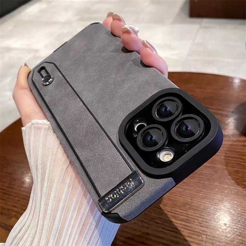 Luxury Suede Fur Leather Wrist Strap Holder Soft Phone Case For iPhone 16 15 11 12 13 14 Pro Max 16 Plus Shockproof Bumper Cover