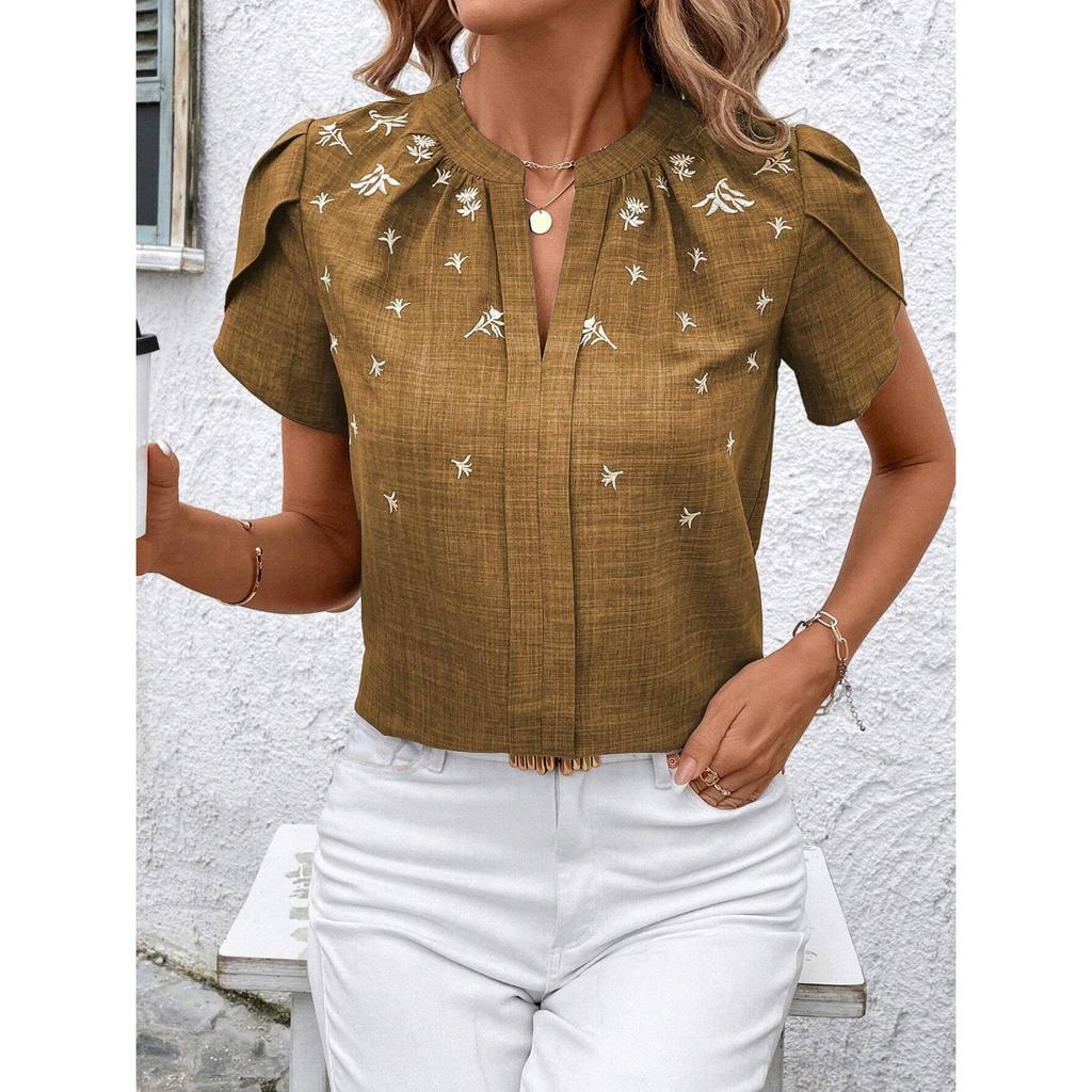 GMXIA Spring Summer Semi-open Collar Short Sleeve Shoulder Crepe Pullover Solid Color Printed Inch Shirt T Top Women