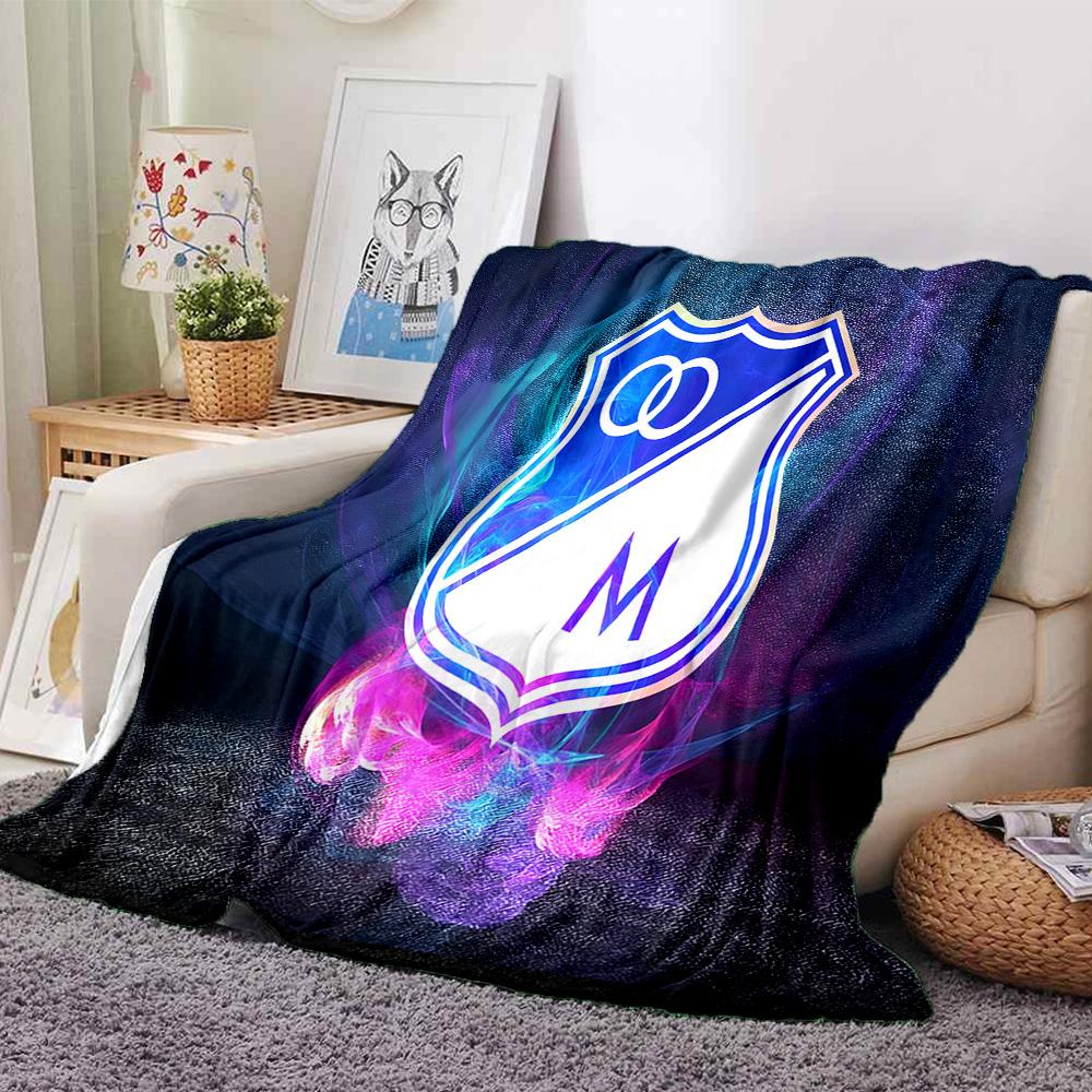 Blue And White Shield Millonarios Flannel Blanket, Soft Polyester, Modern Design, All-Season for Camping, Travel, Gifts for holidays or birthdays