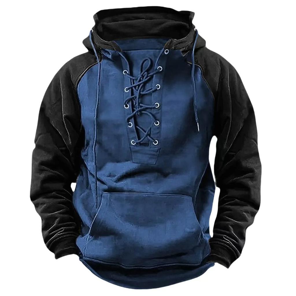 Autumn Winter Fashion Mens Hooded Sweatshirts Lace-Up Drawstring Long Sleeve Loose Hoodies Men Streetwear Vintage Patchwork Hoodies