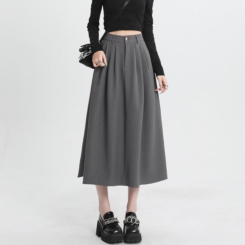 

Medium and long skirt women s spring high-waisted pleated skirt covering hips solid color swinging umbrella skirt S сірий колір