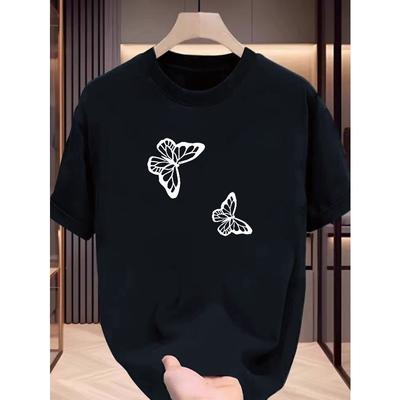 Europäische Größen Sommer Schmetterlingsmuster einfarbiges T-Shirt für Herren - Schlichtes Design - T-Shirt Top