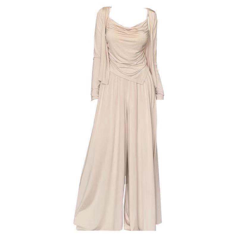 Modny damski trzyczęściowy zestaw na wczesną jesień: Nieregularny top na ramiączkach, kardigan i spodnie z wysokim stanem