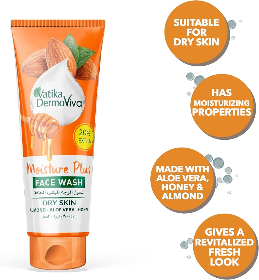 Vatika Dermo Viva Feuchtigkeitsplus Gesichtswaschgel (150ml + 35ml) | Angereichert mit Mandel-, Aloe Vera- und Honigextrakten | Hilft bei trockener Haut