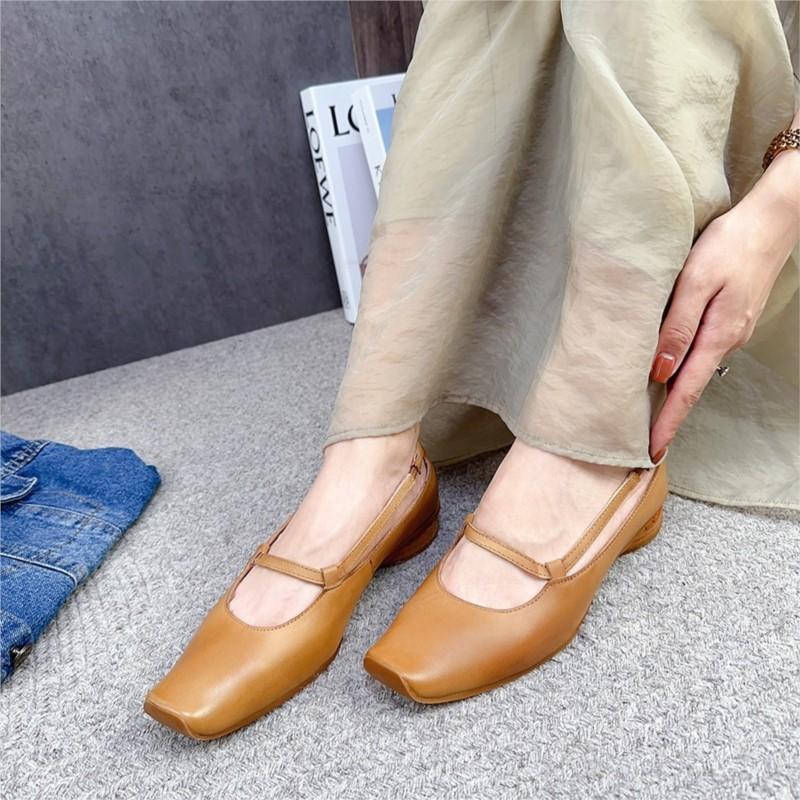 Johnature Echtes Leder Retro-Pumps mit niedrigem Absatz, Damenschuhe, quadratische Zehen, flache, bequeme Loafer-Schuhe