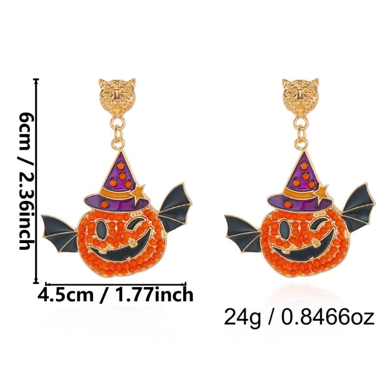 Halloween Party Earrings, Stud Top Drop Pair with Enamel Style Finish for Photo Looks, Fall Gatherings, and Dress Up