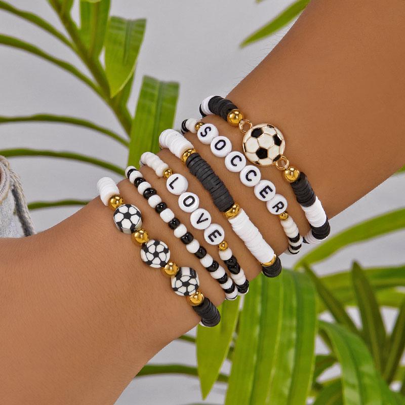 Football Theme Letter Ball Charms Hand Chains Girls Sports  Stackable Bracelet Colorful Polymer Clay Beaded Bracelets