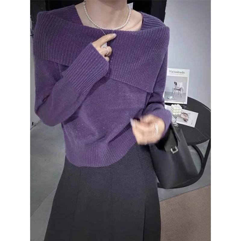 Design sense one-word shoulder thin knitted bottoming shirt women's autumn and winter new fashion solid color inner pullover sweater