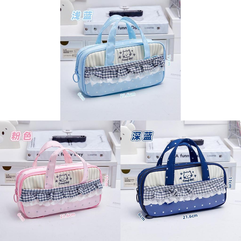Cat Large Capacity Pen Bag With Lace Handle For School And Office Use