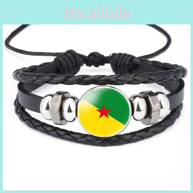 Unikalny Południowoamerykański Flaga Kamień Czasu Czarna Skóra Wielowarstwowa Pleciona Bransoletka