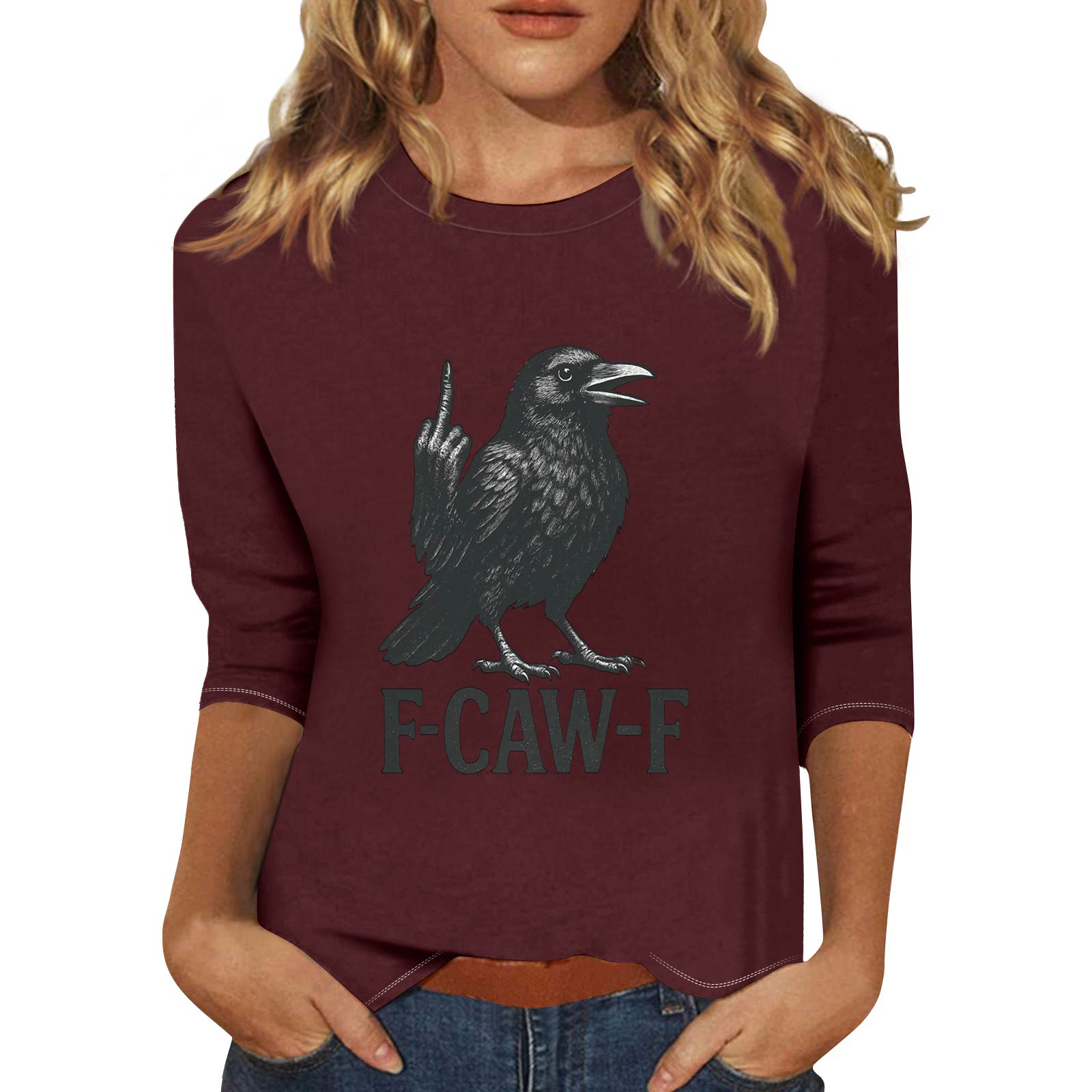 

Women s Fashion Casual Three-Quarter Sleeve Printed Neck T-Shirt Top L винний