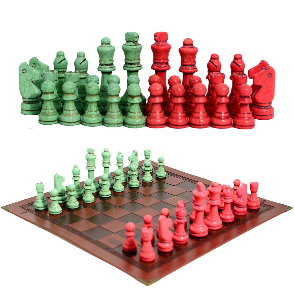 New White Blue Turquoise Material King Height 7.8Cm Chess Pieces With 32 Pieces Paired With A Red Artificial Leather Chessboard