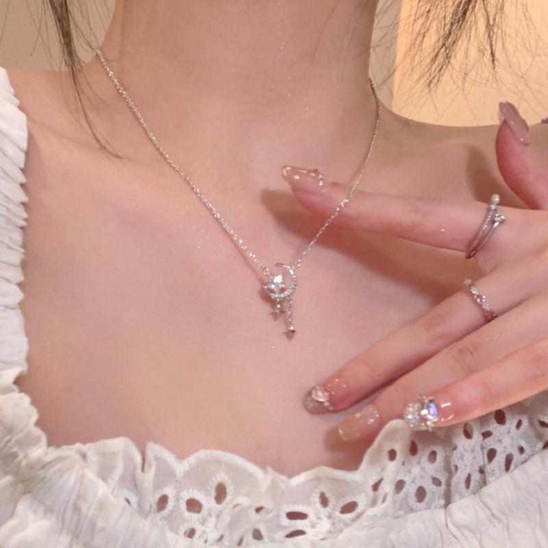 Collana con Pendente Stella Luna e Nappa in Argento 925, alla Moda con Zirconia Cubica per Donna, Regalo Quotidiano