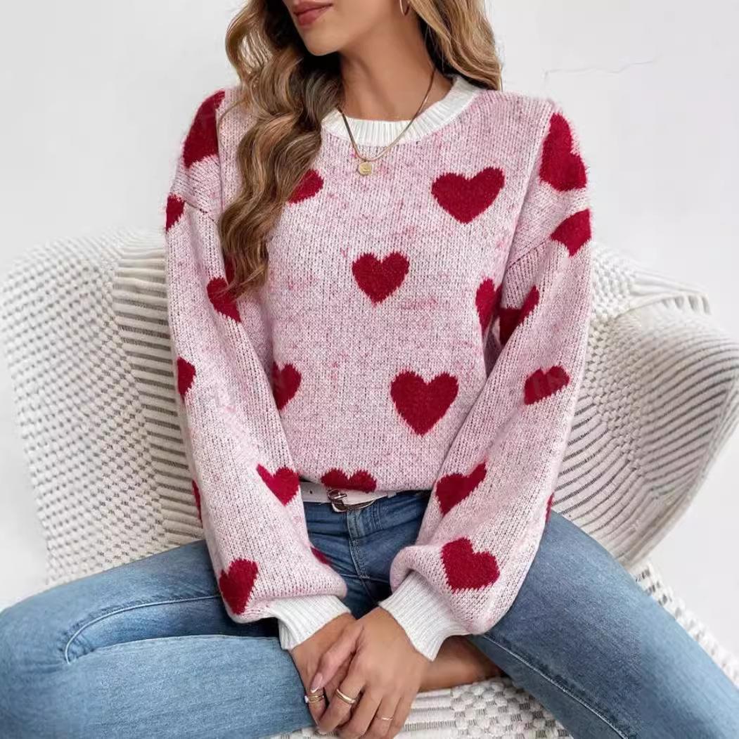 

YYFS Жіночі модні повсякденні светри з принтом любовного листа з довгим рукавом і круглим вирізом, осінь-зима XL червоний