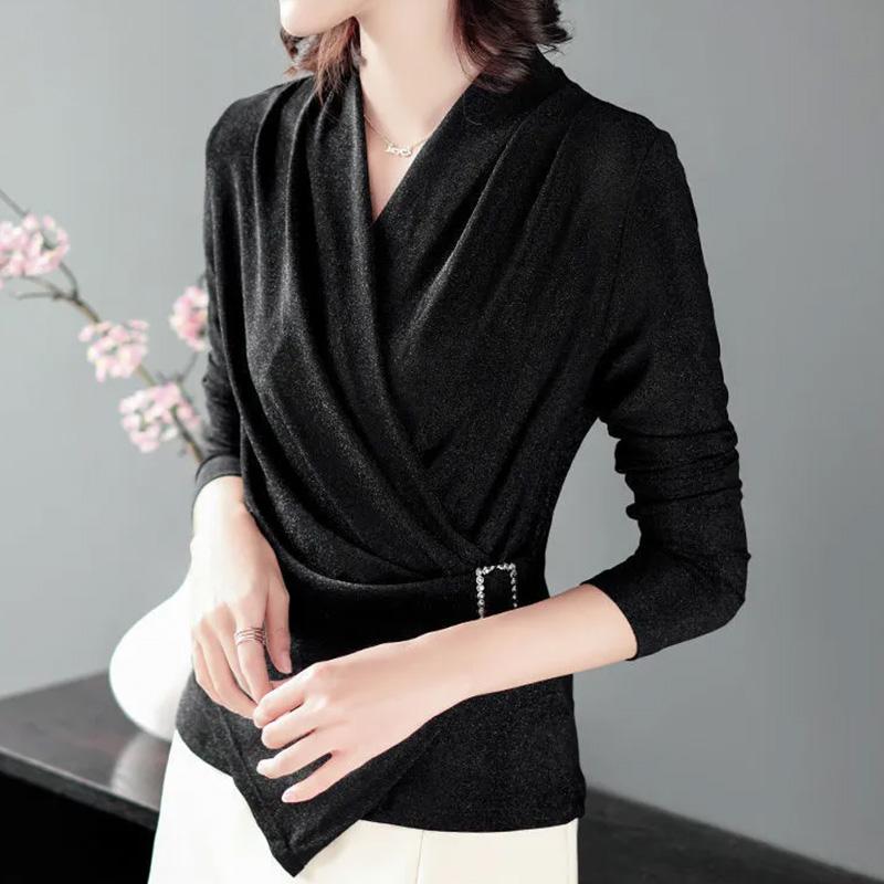 

Топи для жінок Пуловер Довгий рукав V-подібний виріз Осінь Зима Теплий Приталений Потовщений Топ XXXL чорний