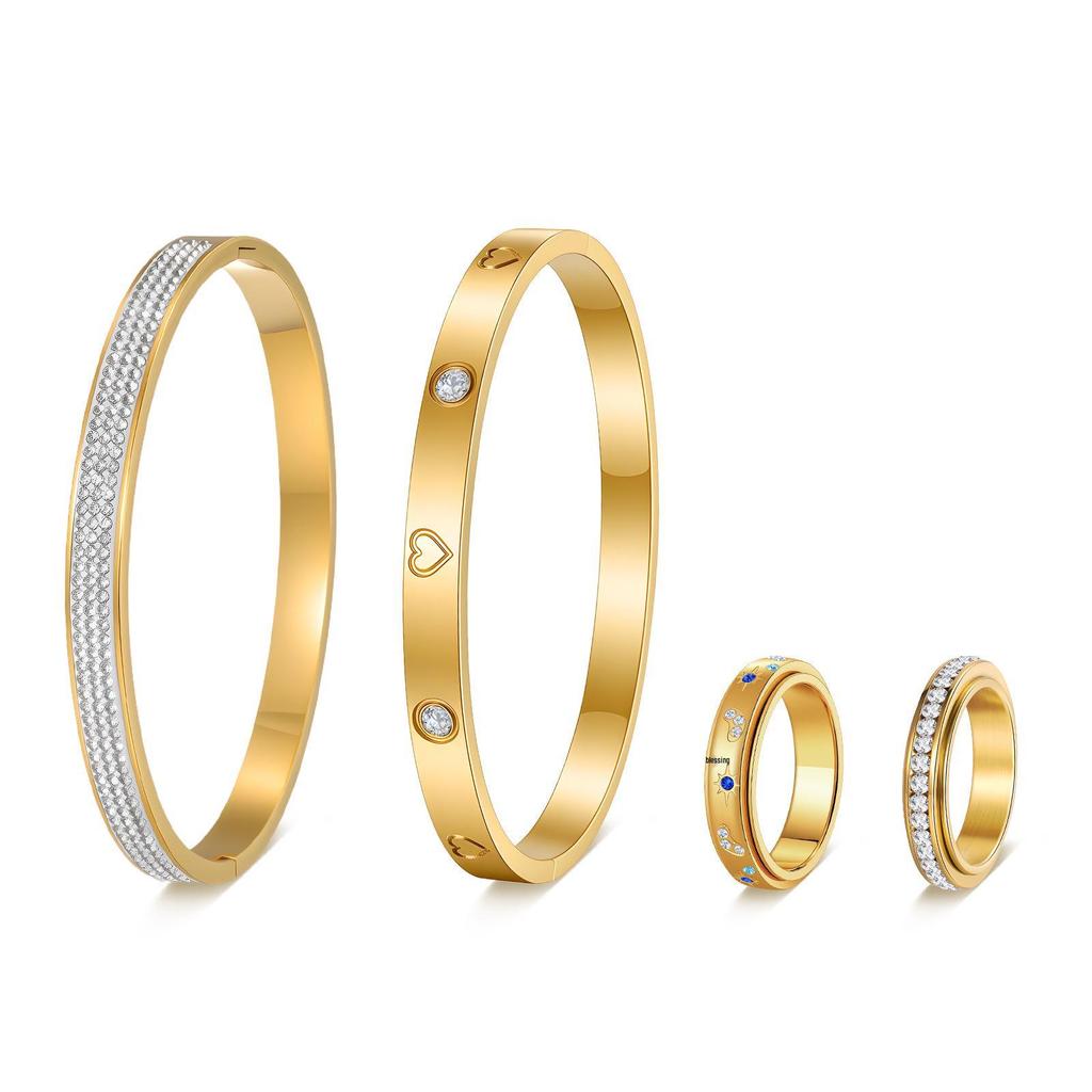 European & American Style Women's Diamond Design Stainless Steel Ring Bracelet Set - Light Luxury, Four-Piece Collection.