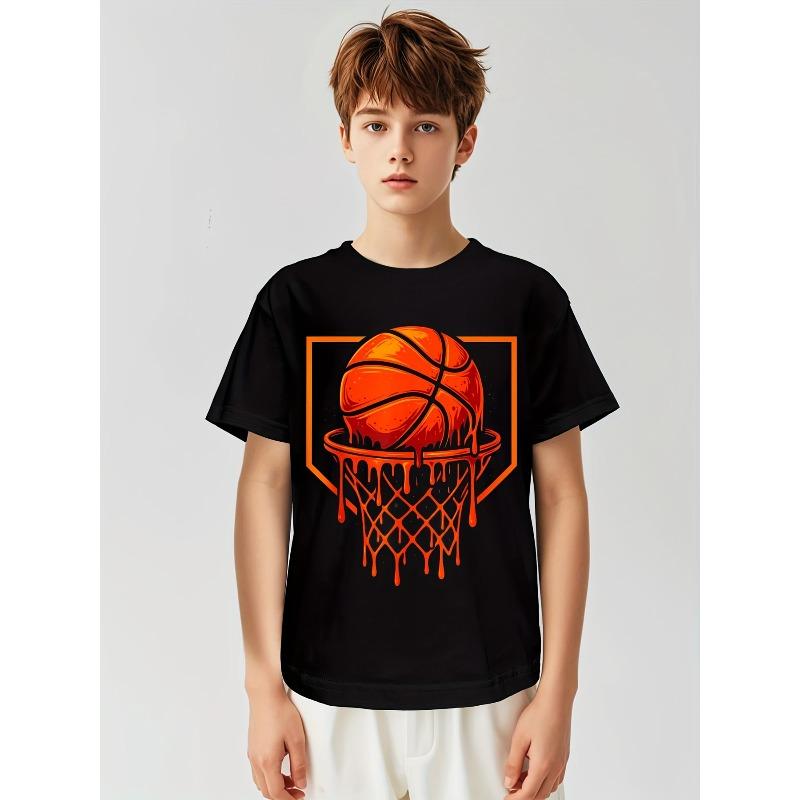 Kids Crewneck Short Sleeve Tee, Red Basketball Drip Print