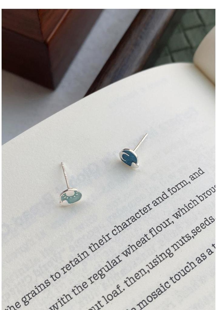 S999 Sterling Silver Asymmetrical Sun Moon Star Stud Earrings with Enamel Design for Women
