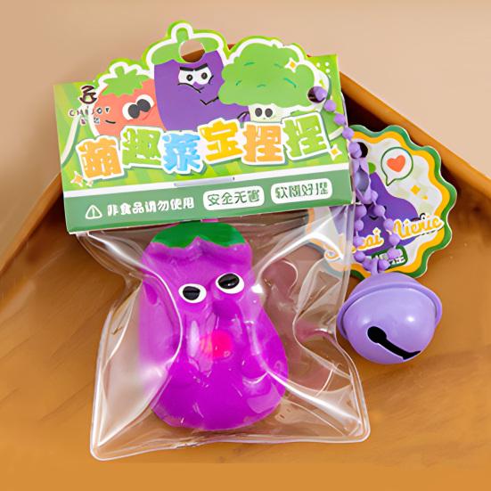 Cartoon Vegetable Squeeze Toy with Bell Ball Chain Stress Slow Rising Vegetable Sensory Fidget Toy Keychain Hanging