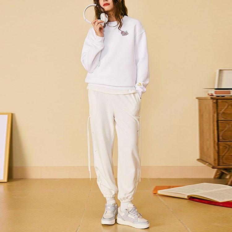 Anta Pattern Embroidered Round Neck Pullover Sweatshirt Women sweatshirt White 162318737-1