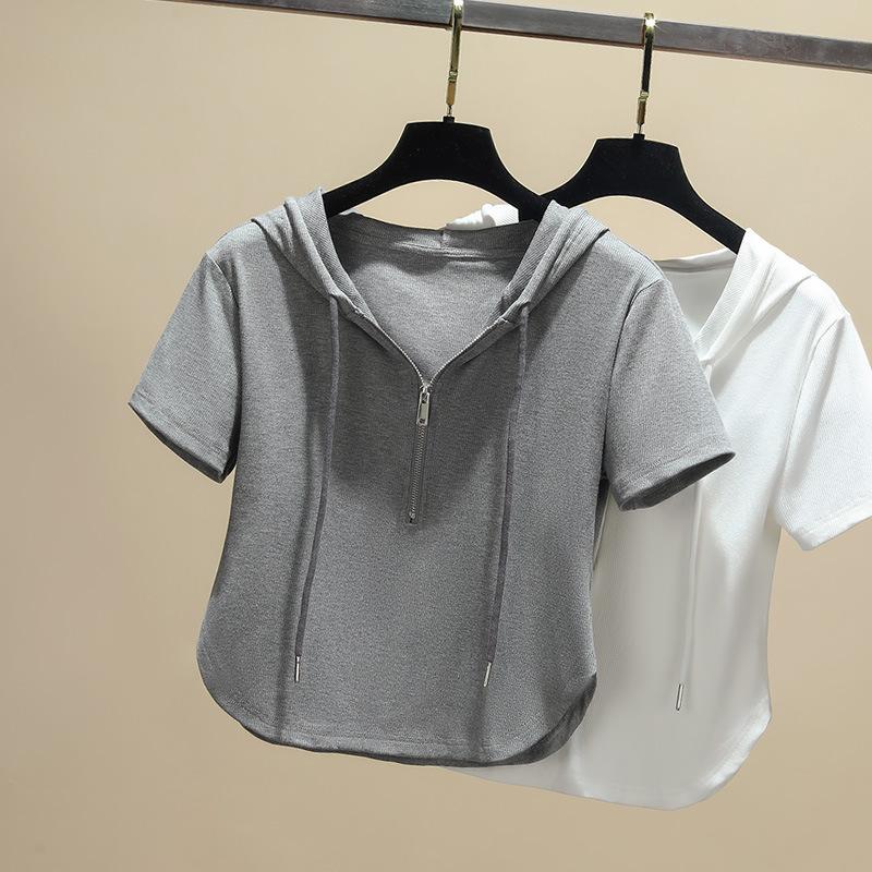 Short-sleeved T-shirt for Women's Summer New Women's Curved Hem Solid Color Threaded T-shirt Short Zipper Hooded Top