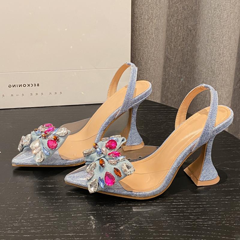 Fashion Eilyken Fashion Denim Bowknot Crystal Pumps Sexy Pointed Toe High Heel Women Sandals Prom Party Spring Shoes Zapatillas De Mujer