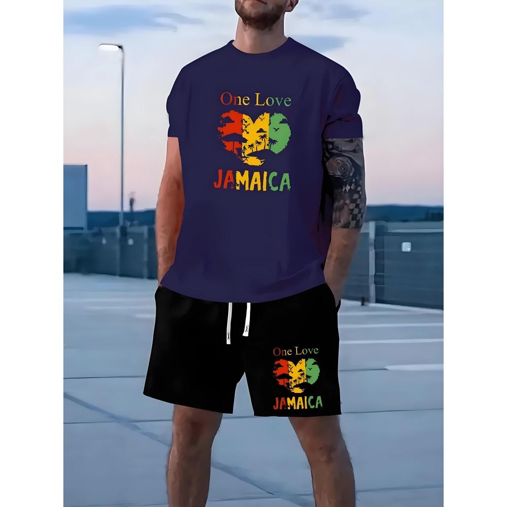 Fashion Colorful Love Graphic T-shirt Shorts Set Summer Sports Short Sleeve Shorts 2-piece Set Men's Quick Dry Sportswear Suit