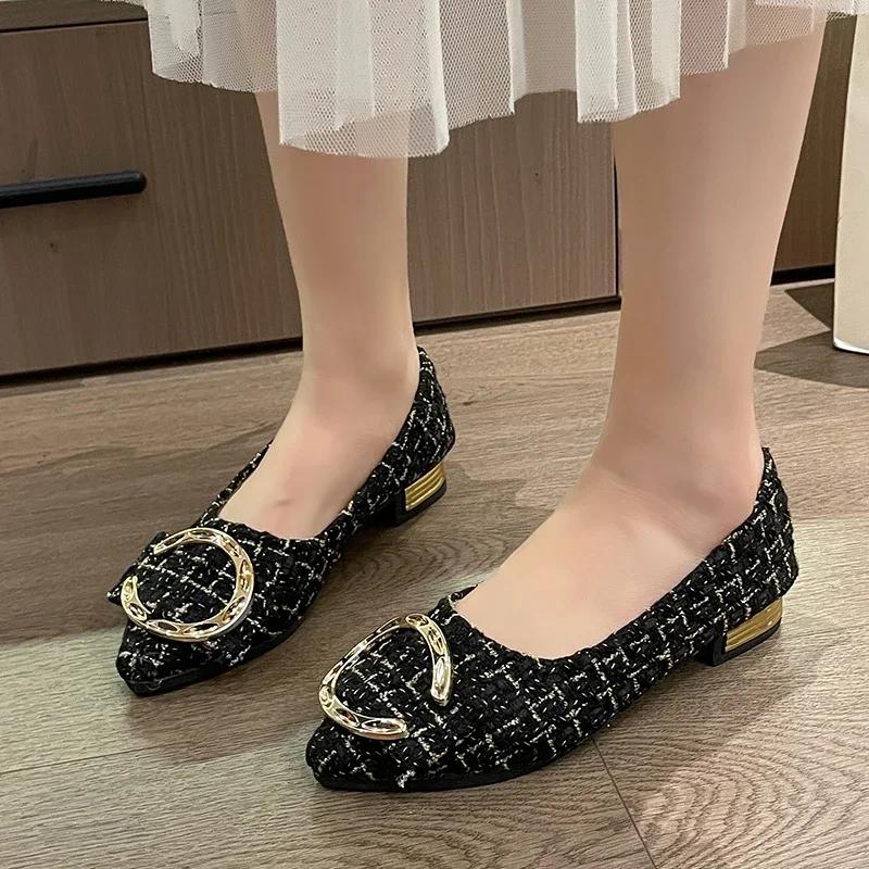 2024 New Spring and Summer Pointed Toe Comfortable Casual Flat Shoes Metal Decoration Shallow Mouth Breathable Women's Shoes