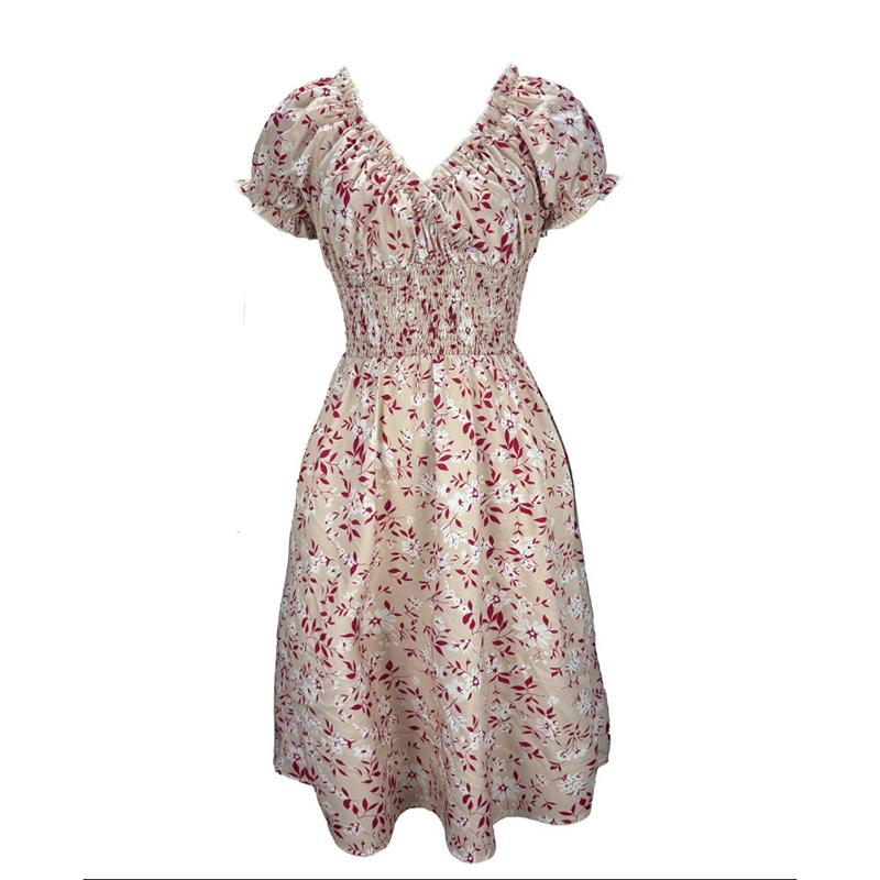 Women Summer Lantern Sleeve Ruffles V Neck Floral Printed One Piece Dress