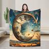 Comfortable Clock and Planetary Printed Flannel Blanket-soft,warm Lightweightseasonmachinewashablecolorfulretrostylefantasytheme