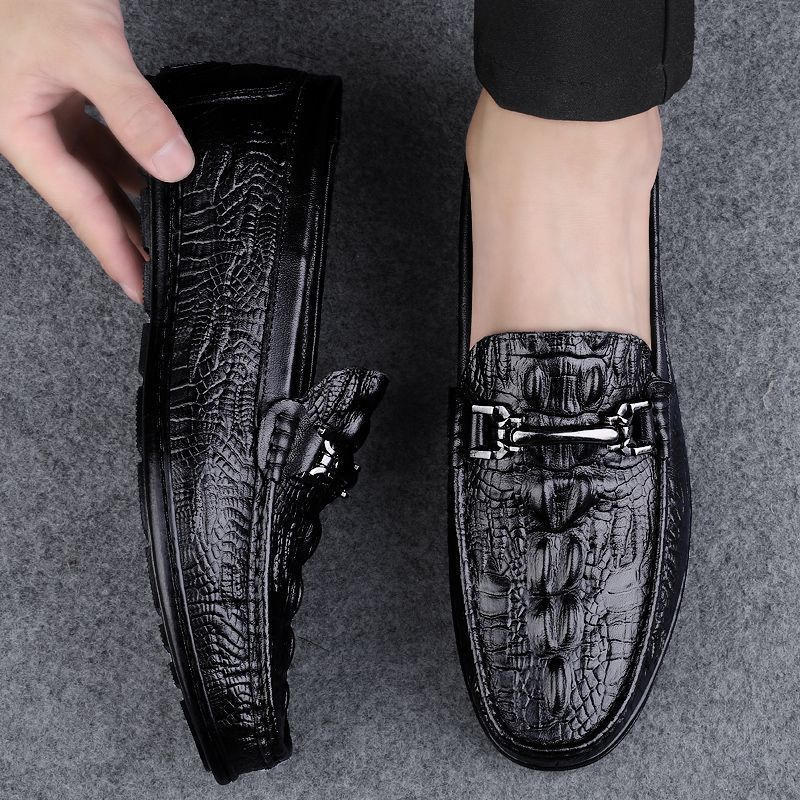 Men's Leather Shoes Casual Shoes Men's Spring Crocodile Pattern Lazy Beanie Shoes Lightweight Soft-soled British Shoes