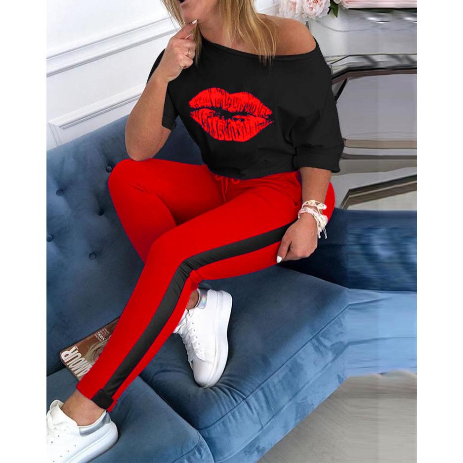 2025 Herbst Winter Damen Lippen Print Sport Set, Mittelärmeliges Rundhals-Oberteil mit Lounge-Hose, Lässiges zweiteiliges Outfit für den Alltag