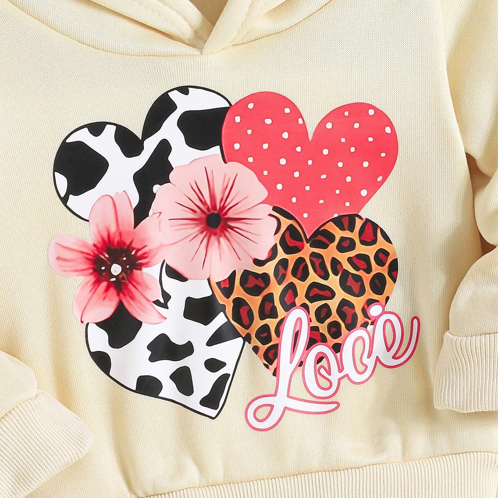 Modischer Zweiteiler für Mädchen, Pink, mit Kapuze, Herz- und Blumenmuster, Langarm, Lange Hose