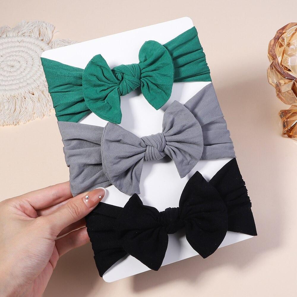 

3PCS Baby Bow Headband Set Solid Color Nylon Baby Soft Elastic Wide Edge Headband Sweet Baby Headwear
