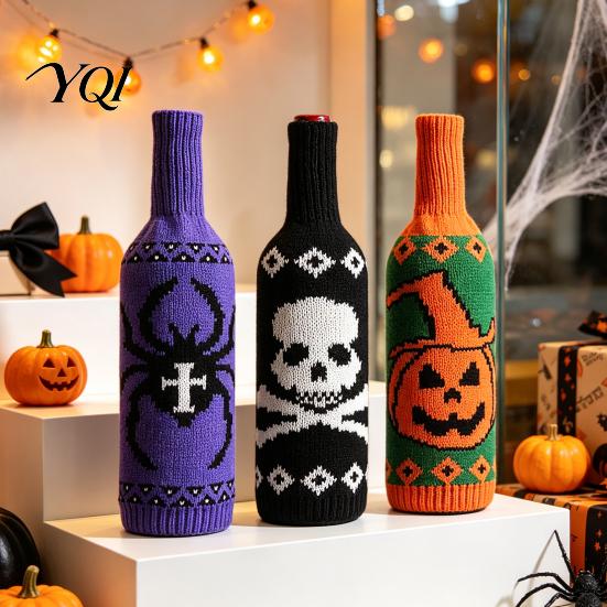 Skeleton Pattern Bottle Decor Halloween Wine Sweater, Reusable Knitted Champagne Cover, Pumpkin Skull Gift Bag Spider Sleeve Decoration for