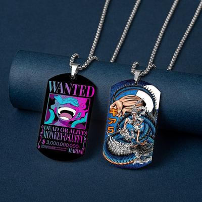 One Piece Color Printing Stainless Steel Necklace Dog Tag Luffy 3 Billion Bounty Wanted Sun God Nika