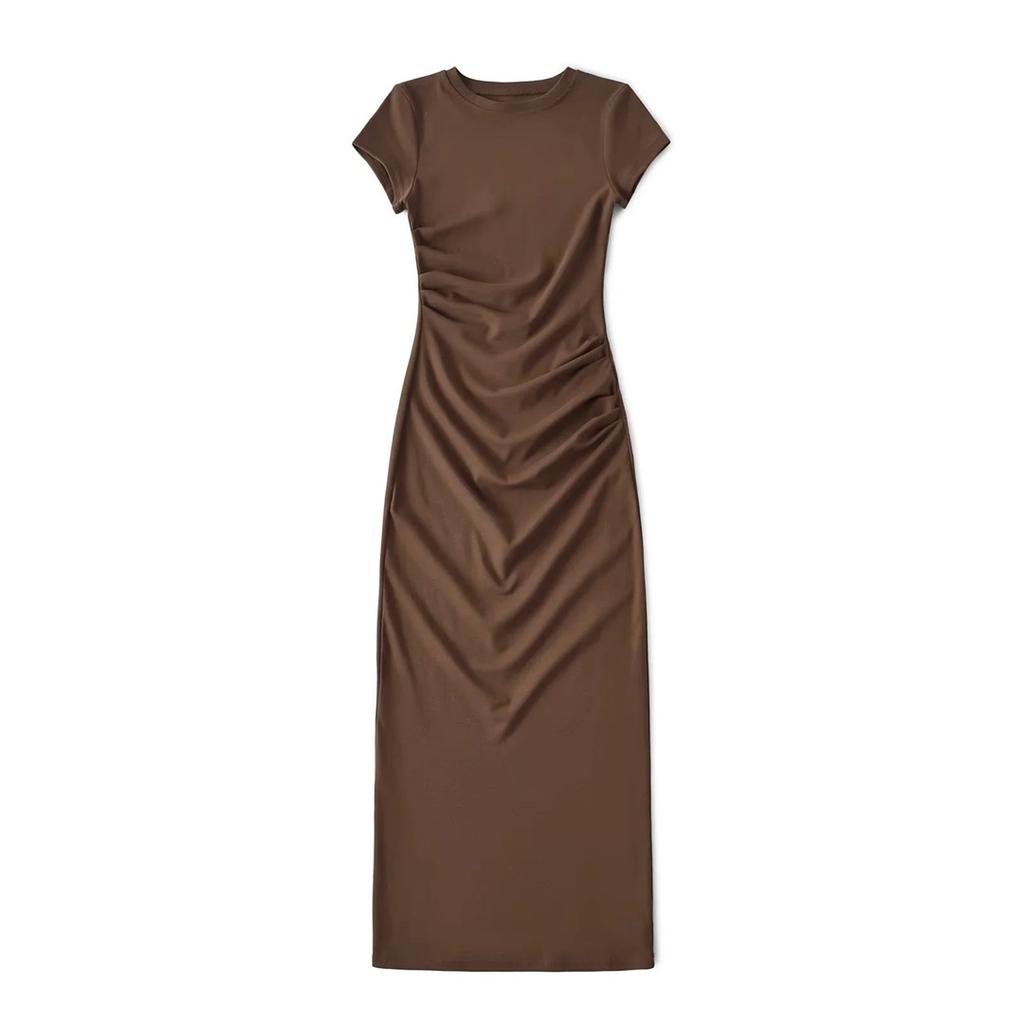 Wind Summer Round Neck Short-sleeved Dress Design Pleated Elastic Slim Sexy Hip-wrapped Knee Dress