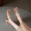 Fashion Summer Women Sandals Concise Square Toe Chunky Heel Women Shoes High Heel Genuine Leather Shoes Golden Weave Sandals for Women